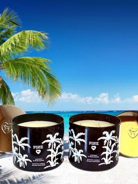 2X COCONUT & PALM LEAVES Scented 3-wick Candle Victoria's Secret PINK Black Jar